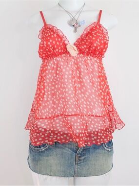 y2k red polka dot sheer mesh cami ruffle trim